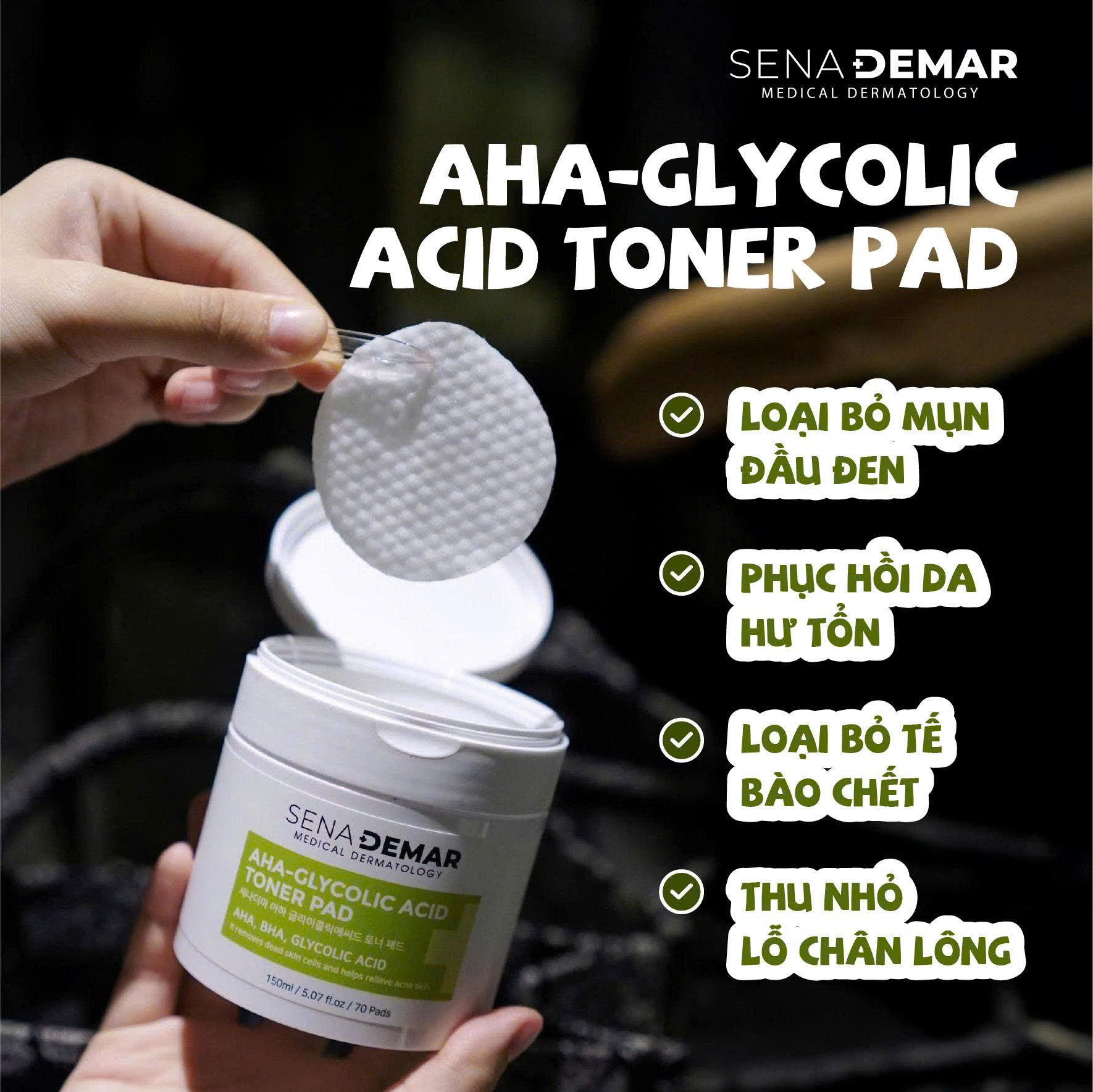 Chi tiết Tonner pad SENADEMAR AHA-GLYCOLIC ACID TONER PAD 150ml ngừa mụn tẩy tế bào chết